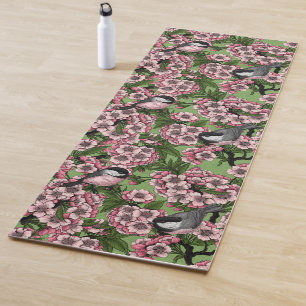Tapis De Yoga Fleur de cerisiers et poulets verts