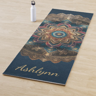 Tapis De Yoga Fleur d'or vintage Mandala Marine Méditation bleue