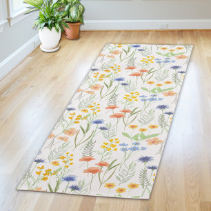 Tapis De Yoga Fleur sauvage aquarelle orange vert 