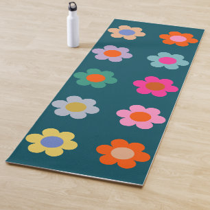 Tapis De Yoga Fleurs Abstraites colorées Marine Bleu Retro Flora