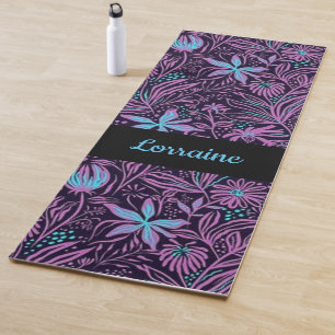 Tapis De Yoga Fleurs de néon bleu et violet