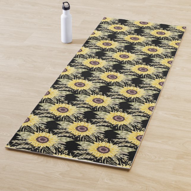 Tapis De Yoga Fleurs de soleil sur le yoga noir (En situation)