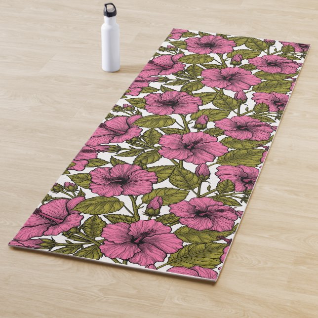 Tapis De Yoga Fleurs d'hibiscus roses (En situation)