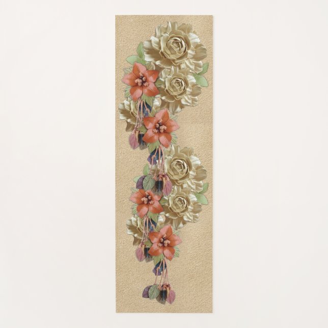 Tapis De Yoga Fleurs en cuir sur daim crème (Devant)