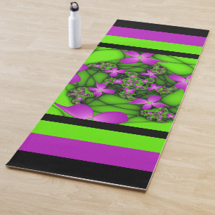 Tapis De Yoga Fleurs fractales Abstraites de néon rose vert