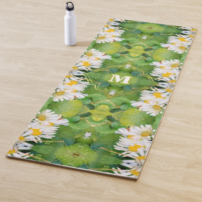 Tapis De Yoga Fleurs marguerites blanches sur Feuilles verts en  (En situation)