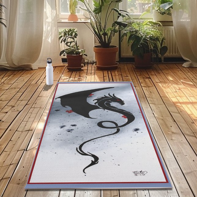 Tapis De Yoga Fleurs rouges bleues Dragon noir (Créateur téléchargé)