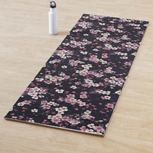 Tapis De Yoga Fleurs Sakura Roses Noires, Design Motif,