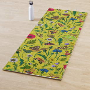 Tapis De Yoga Fleurs sauvages et papillons de nuit en vert