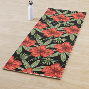 Tapis De Yoga Fleurs tropicales rouges sans coutures motif vert