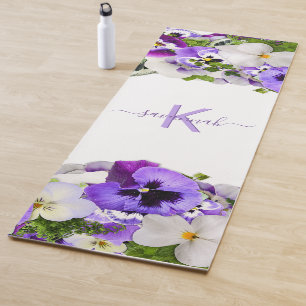 Tapis De Yoga Fleurs violettes pourpre blanc monogramme nom écri