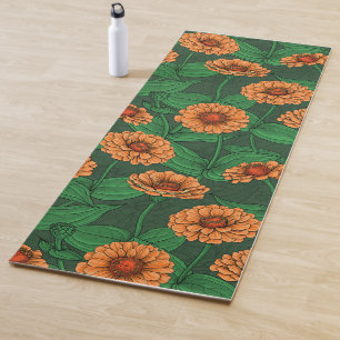 Tapis De Yoga Fleurs Zinnia orange, feuilles verts sur vert fonc
