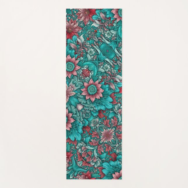 Tapis De Yoga Floral Pattern, Aqua, Teal, Turquoise and Gray (Devant)