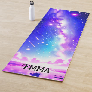 Tapis De Yoga Galaxie bleue céleste et rose Nom personnalisé Dou