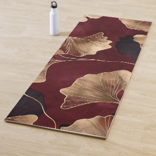 Tapis De Yoga Ginkgo Floral Moderne Bourgogne Or