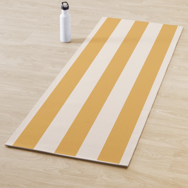 Tapis De Yoga Grilles Verticales Moutarde Jaune Et Blanc Gratté (En situation)