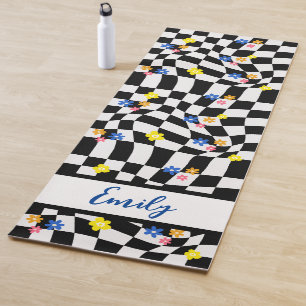 Tapis De Yoga Groovy Daisy Floral Damier, Y2K 90s
