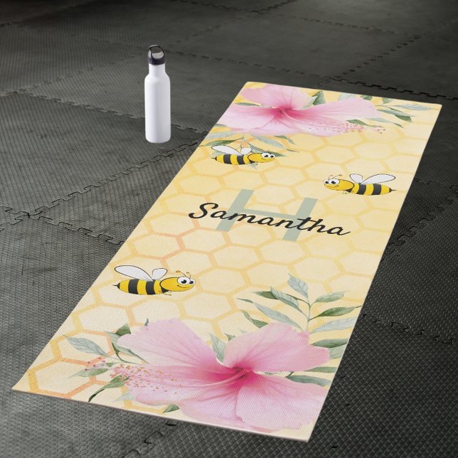 Tapis De Yoga Honeypeb flores rose bourdon abeilles nom monogram (Créateur téléchargé)