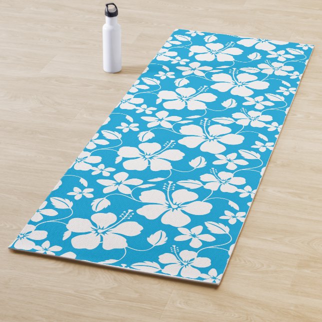 TAPIS DE YOGA HULA HAÏIENNE (HIBISCUS) BLEU (En situation)