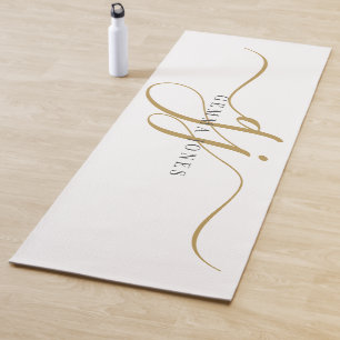 Tapis De Yoga Initiales de script Monogramme Chic Noir Or sur Bl