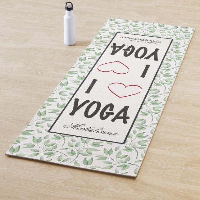 Tapis De Yoga J'aime YOGA script Green Feuille Motif Monogramme (En situation)