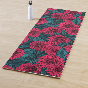Tapis De Yoga Jardin de Dahlia Rouge/feuilles bleus