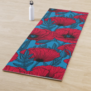 Tapis De Yoga Jardin de pavot rouge sur bleu