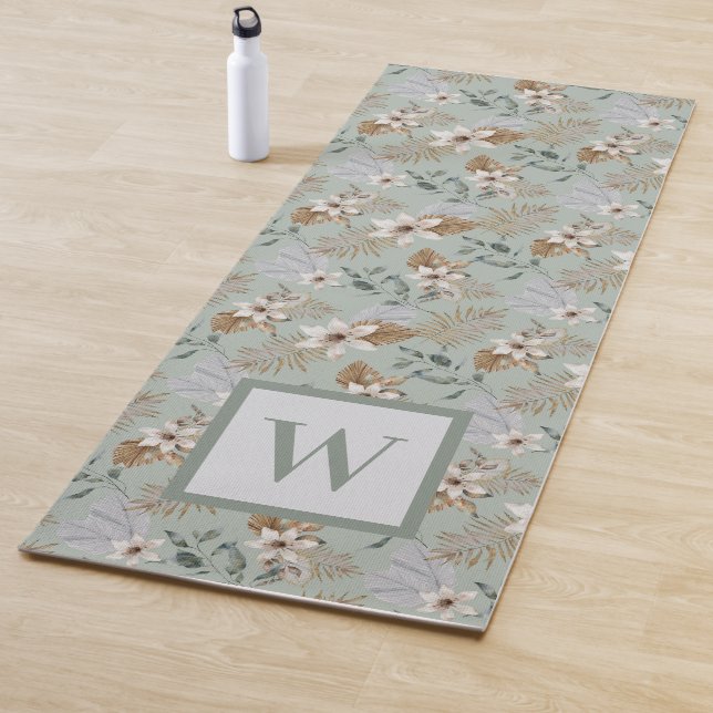 Tapis De Yoga Joli blanc Lily Floral Monogramme botanique (En situation)