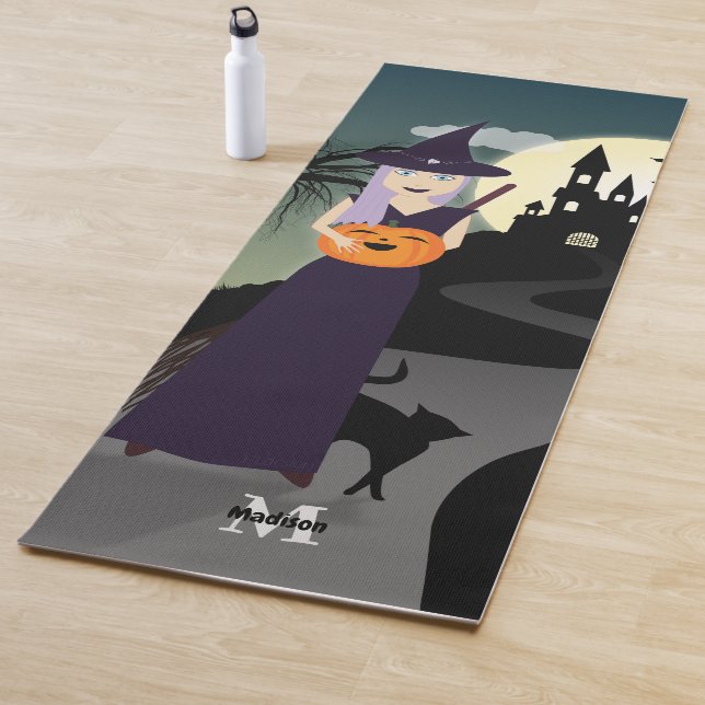 Tapis De Yoga Joli Halloween sorcier Citrouille chat noir Monogr (En situation)