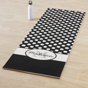 Tapis De Yoga Joli motif rétro à pois blancs et noirs Monogramme