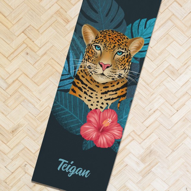 Tapis De Yoga Jolie jungle léopard Art Floral | Bleu | Nom (Créateur téléchargé)