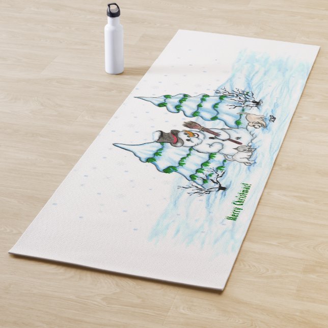 Tapis De Yoga Joyeux Noël ! Snowman avec chat et chiot (En situation)