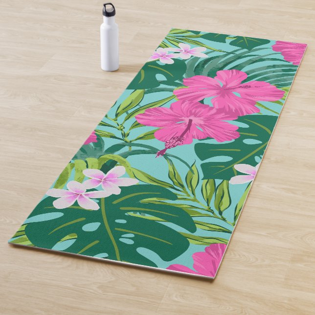 Tapis De Yoga Luna Hibiscus Garden Hawaiian - Turq et rose (En situation)