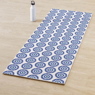 Tapis De Yoga Mandala Grec Mal Eye Motif Bleu Blanc