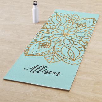 Tapis De Yoga Mandala turquoise bleu or personnalisé Nature