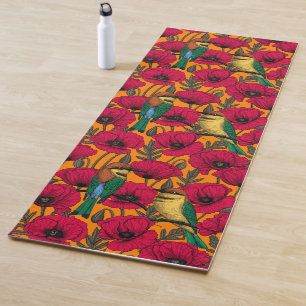 Tapis De Yoga Mangeurs d'abeilles et pavots sur orange