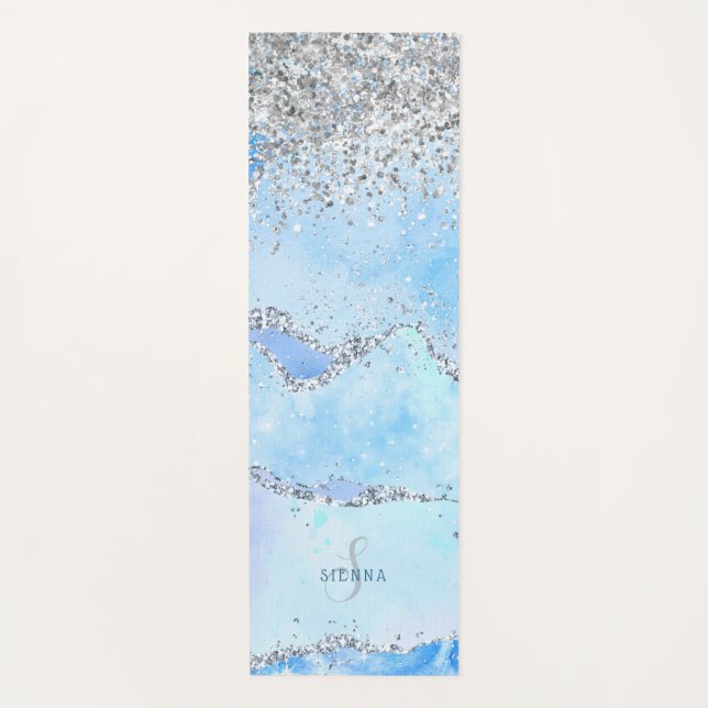 Tapis De Yoga Marbre bleu de luxe et Parties scintillant d'argen (Devant)