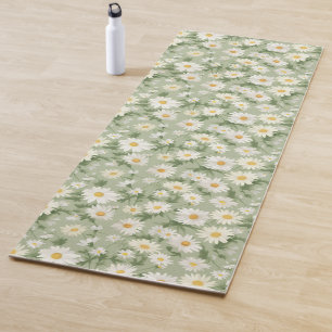 Tapis De Yoga Marguerites blanches sur fond vert sauge