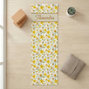 Tapis De Yoga Modèle de fleurs sauvages jaunes Monogramme Nom
