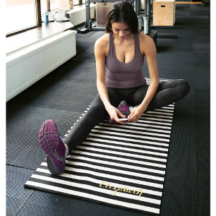 Tapis De Yoga Moderne Black White Stripes Gold Monogramme Exerci