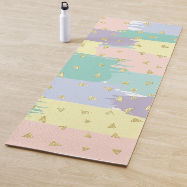 Tapis De Yoga Moderne Girly Pastel Brushstrokies Gold Geo (En situation)
