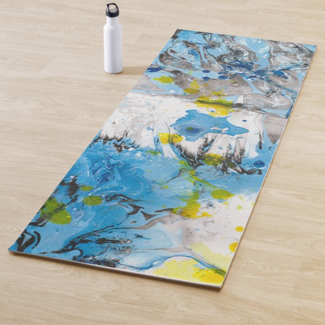 Tapis De Yoga Moderne tendance Modèle Abstrait bleu jaune blanc (En situation)