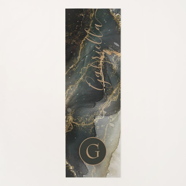 Tapis De Yoga Monogramme Abstrait en marbre noir (Devant)
