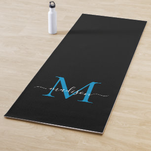 Tapis De Yoga Monogramme bleu de l'océan noir Élégante Feminine