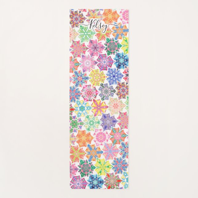 Tapis De Yoga Monogramme Colorful Boho Mandala Motif Ajouter Nom (Devant)