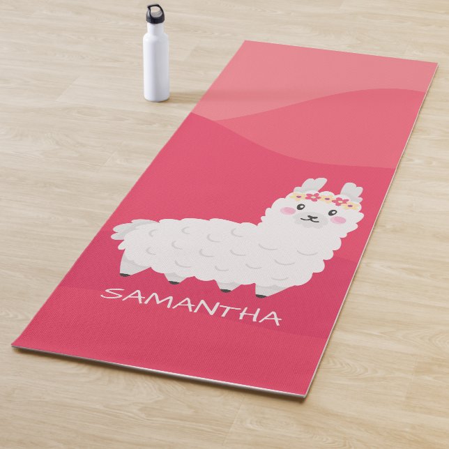 Tapis De Yoga Monogramme Cute Funny Alpaca Llama en rose (En situation)