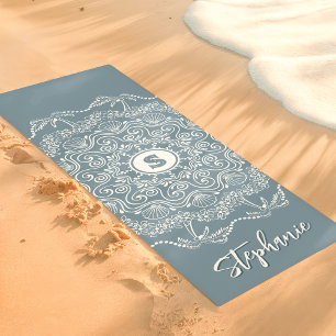 Tapis De Yoga Monogramme Mandala Coquillage Palmier Bleu Plage