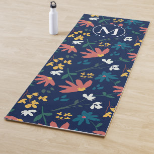 Tapis De Yoga Monogramme Moderne Bleu Boho Motif Floral