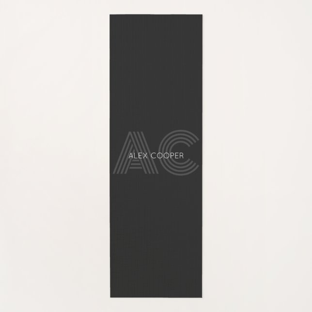 Tapis De Yoga Monogramme moderne noir et gris (Devant)
