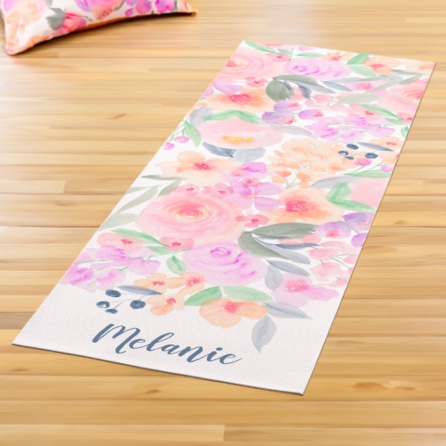 Tapis De Yoga monogramme moderne pastel floral aquarelle nom (Modern pastel floral watercolor name monogram yoga mat)